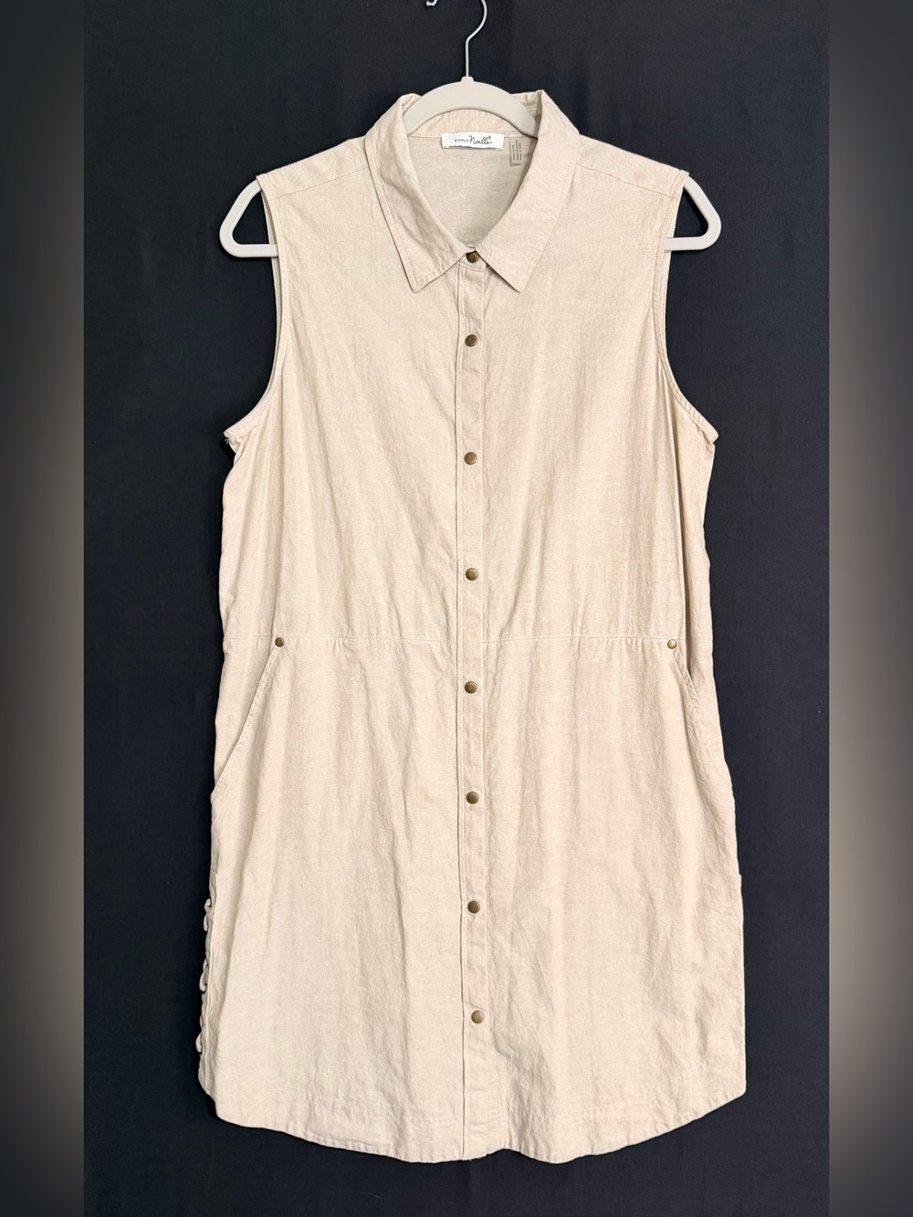 Simply Noelle Sleeveless Snap Button-Front Mini Dress in Beige Cotton coastal